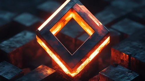 Glowing Metallic Square with Warm Light and Dark Cubes