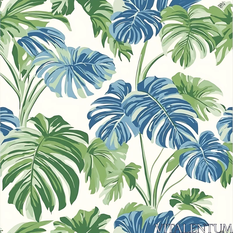 Green and Blue Tropical Leaf Patterns AI Image