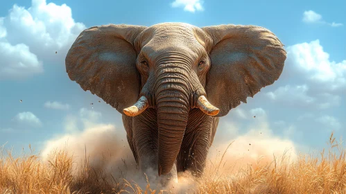 Elephant Charge Through Savanna