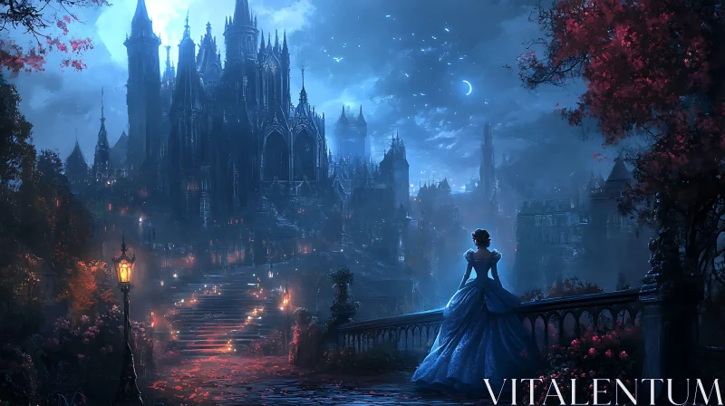 Woman in Blue Dress Overlooking Castle AI Image