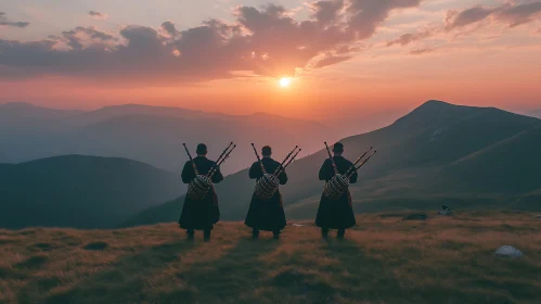 Mountain Sunset with Bagpipe Players