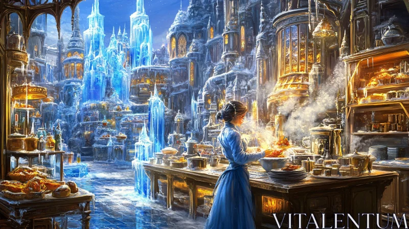 Winter Kitchen in a Fantasy City AI Image