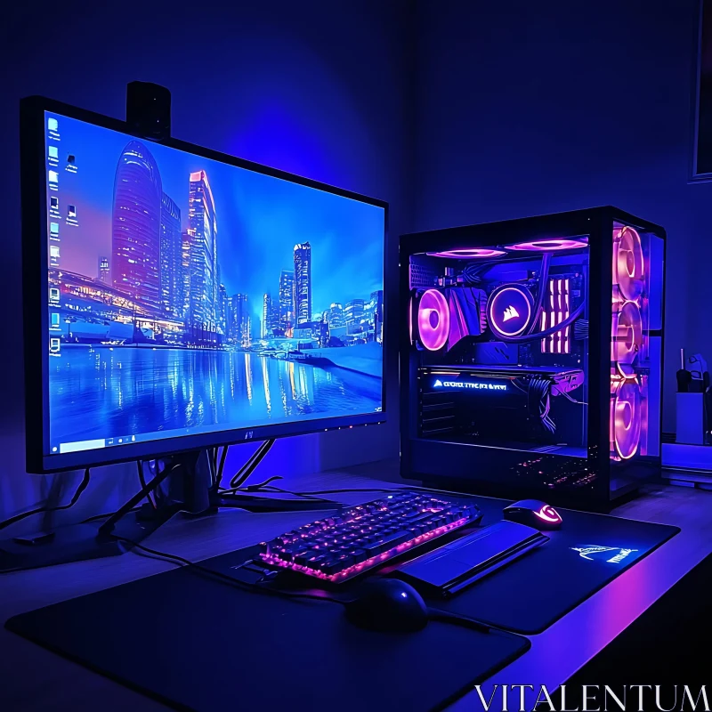 Immersive RGB Gaming Rig with Cityscape View AI Image