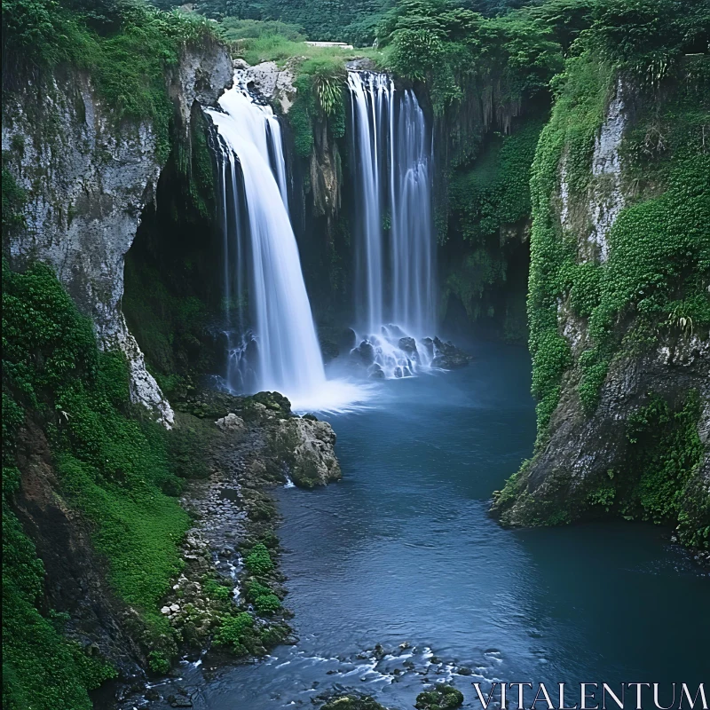 Picturesque Waterfall in Natural Landscape AI Image