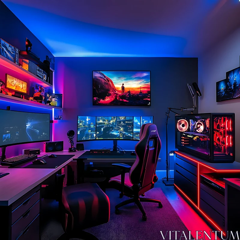 Futuristic Gaming Room with Multiple Displays and Lighting AI Image