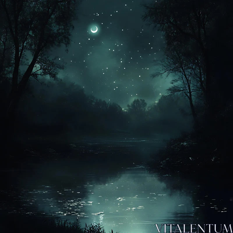 Tranquil Night River Scene with Moon AI Image