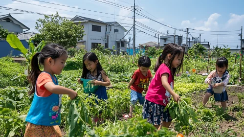 Kids Harvesting Vegetables Together in Garden