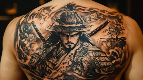 Back Tattoo: Samurai in Black and Grey