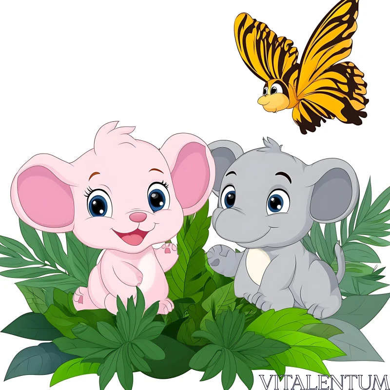 Cute Animals and Butterfly amidst Lush Leaves AI Image