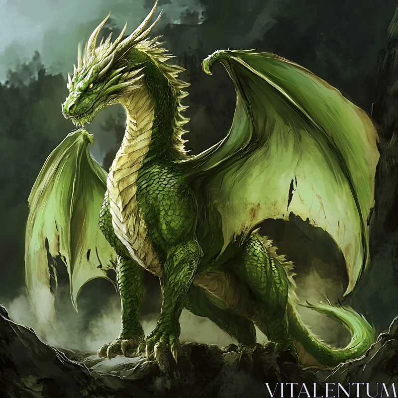 Emerald Dragon on Stone Ledge AI Image