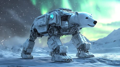 Cybernetic Bear Under Northern Lights