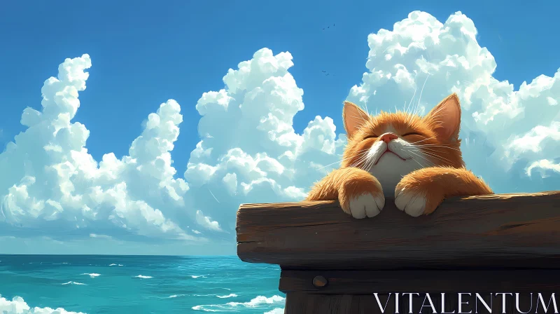 Tranquil Cat Overlooking Ocean AI Image