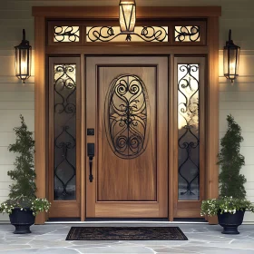 Charming Entrance with Wooden Door and Ironwork