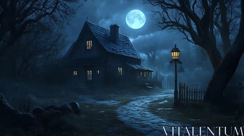 Quaint House in Moonlight AI Image