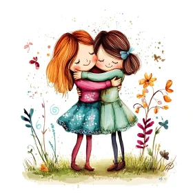 Girls Hugging in a Garden