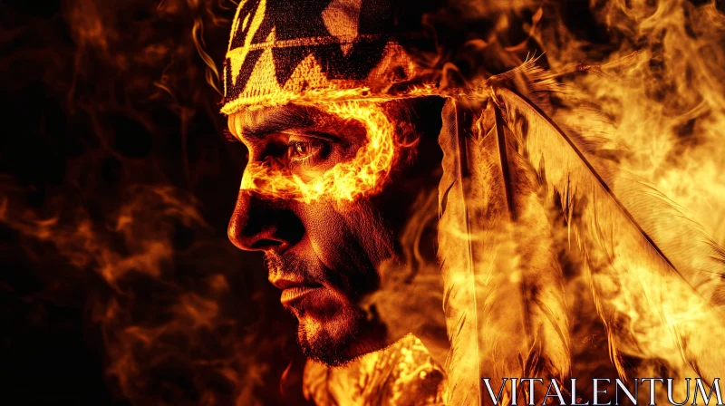 Man in Flames Headdress Portrait AI Image