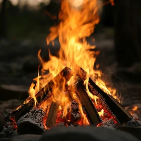 Burning Wood Logs in a Serene Forest Campfire