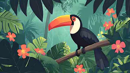 Exotic Toucan Perched in Lush Tropical Foliage