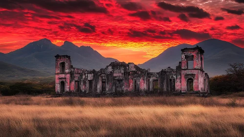 Old Building with Red Sky