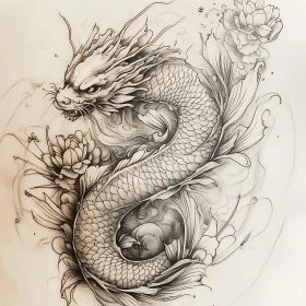 Monochrome Dragon with Floral Elements
