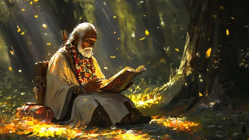 Old Man Reading Book in Forest