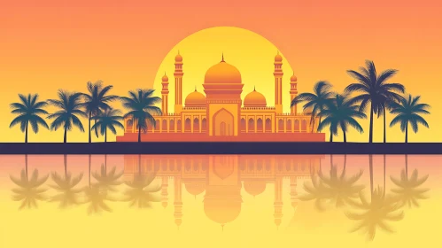 Sunset Mosque Silhouette with Palms