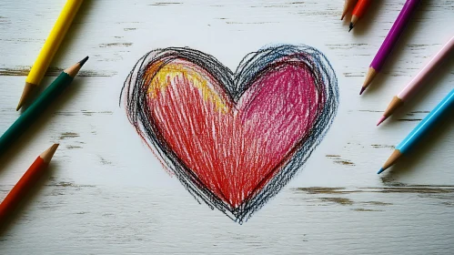 Colorful Heart Sketch on Wood