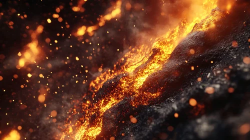 Molten Lava Flowing During Volcanic Eruption