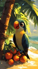 Colorful Parrot with Oranges by the Sea