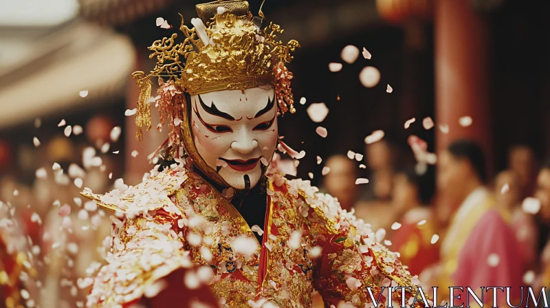 Ornate Masked Figure Showered in Petals AI Image