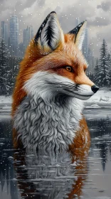 Winter Fox and Cityscape Reflection