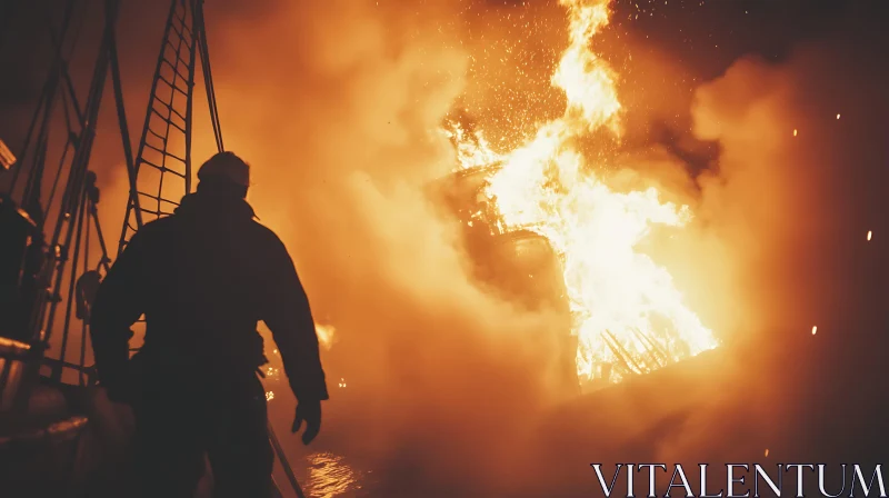 Person Observing Boat on Fire AI Image