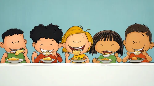 Kids Enjoying Food: Cartoon Illustration