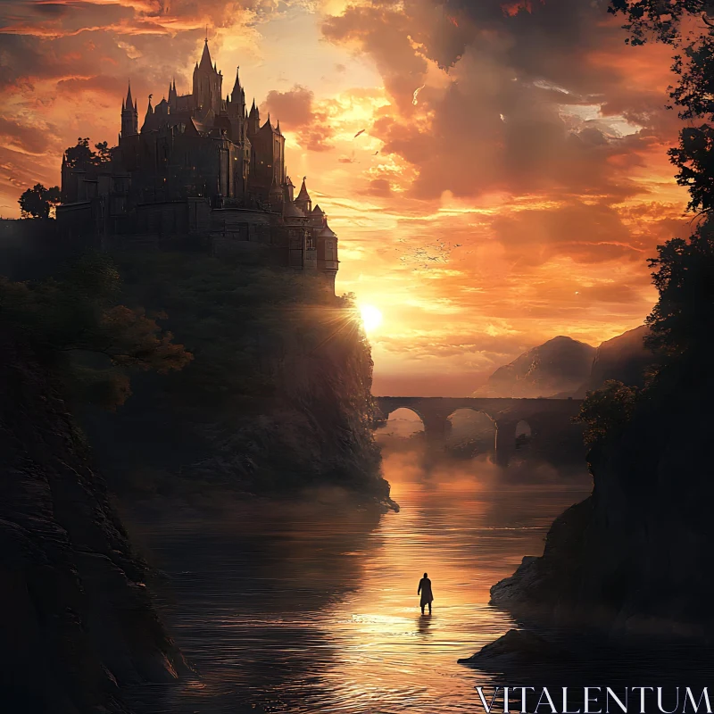 AI ART Sunset Castle on the Cliff