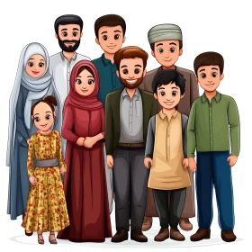 Cartoon Muslim Family Group Smiling