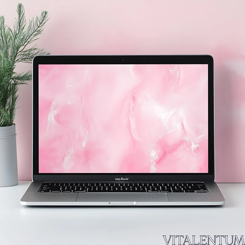 Stylish Workspace with Silver Laptop and Pink Marble Display AI Image