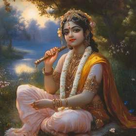 Krishna with Flute in Peaceful Landscape