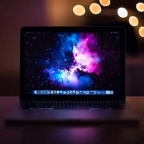 Cosmic Wallpaper on Laptop in Ambient Lighting