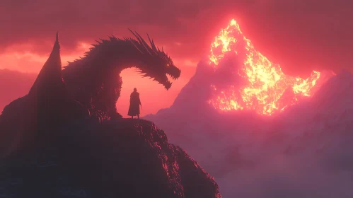 Warrior and Dragon on Fiery Mountain