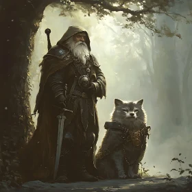 Mystical Guardian with Feline Friend