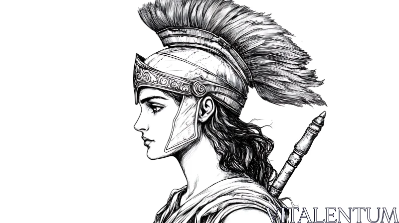 Female Warrior in Helmet Ink Drawing AI Image