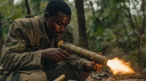 Man in Military Uniform Firing Weapon