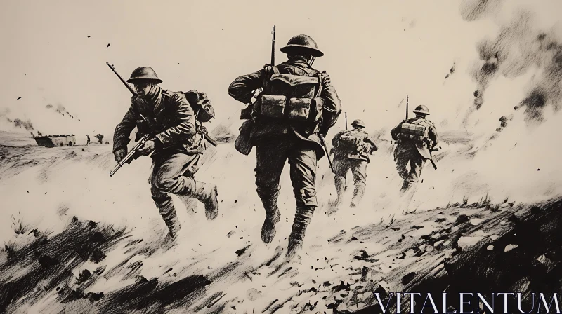 Advancing Soldiers on Battlefield Sketch AI Image