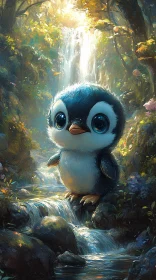 Cute Penguin in Magical Waterfall Forest