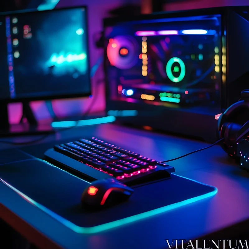 RGB Gaming Setup with Illuminated Keyboard and PC AI Image