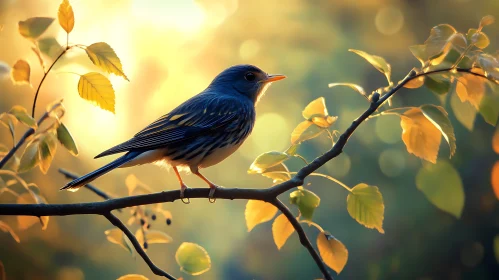 Small Bird Perched on Tree Branch