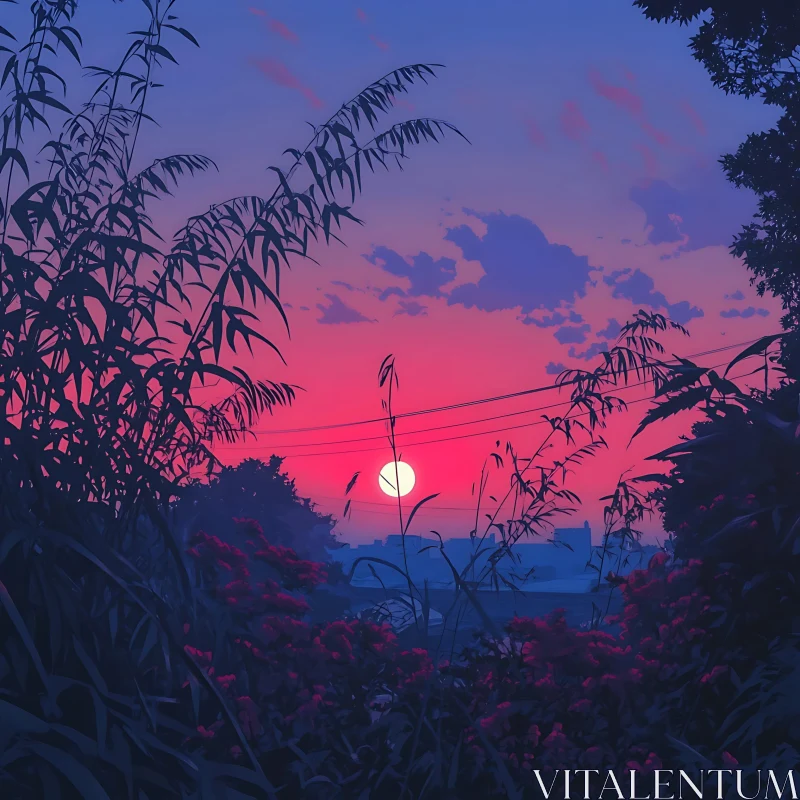 Sunset Landscape with Silhouetted Plants AI Image