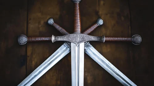 Three Swords Crossed on Wooden Backdrop