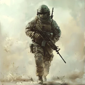 Armed Soldier Striding Forward