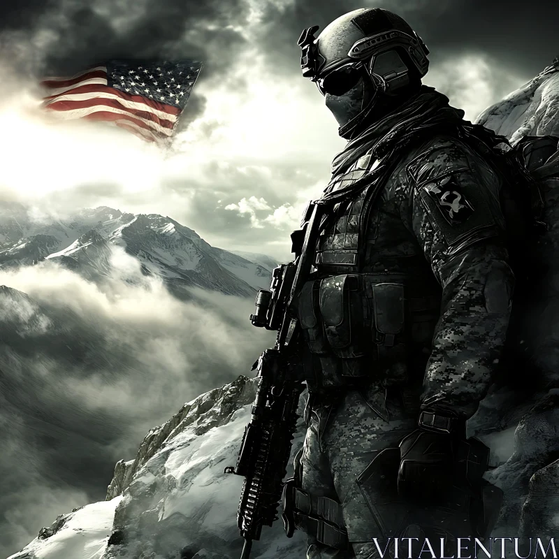 AI ART Warrior on Snowy Mountain with US Flag